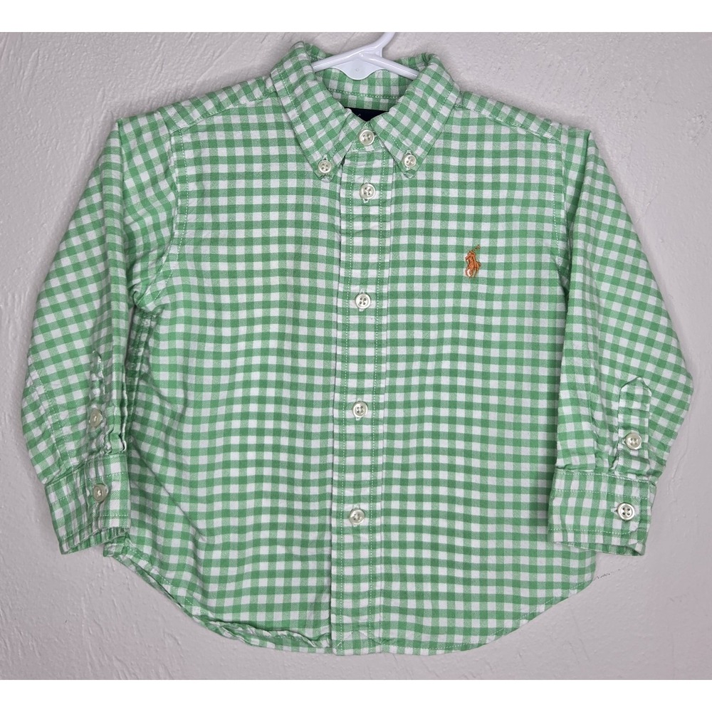 Boys Ralph Lauren Size 18 Months Green Gingham Button-Up Shirt Orange Pony Logo